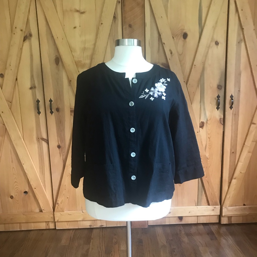 Black linen blend jacket with embroidery
